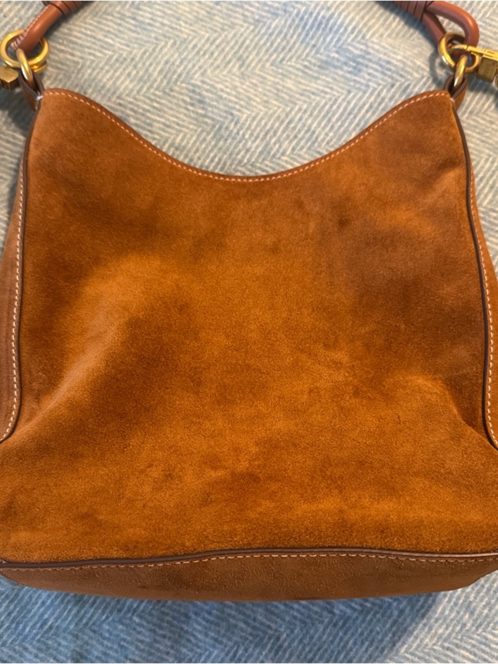 STAUD Mel Bag Cognac Suede Shoulder Bag with Wrapped Handle - Picture 4 of 5